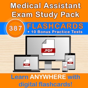 Peut inclure: Image d'un pack d'étude pour l'examen d'assistant médical avec 387 fiches et 10 tests pratiques supplémentaires. Un ordinateur, un ordinateur portable, une tablette et un téléphone affichent un document PDF. Le texte dit : "Apprenez PARTOUT avec des flashcards numériques !"