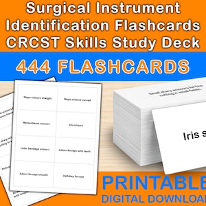 Peut inclure: Un jeu de cartes blanches avec du texte, dont "Iris scissors" et "444 FLASHCARDS". Les cartes sont destinées à l'identification des instruments chirurgicaux et à l'étude des compétences CRST. Le fond est orange et bleu.