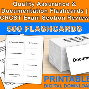 May include: A stack of white flashcards with black text, labeled "500 FLASHCARDS" and "Quality Assurance & Documentation Flashcards." The cards cover topics like "Quality Control" and "Document Control." The image also includes the text "PRINTABLE DIGITAL DOWNLOAD."