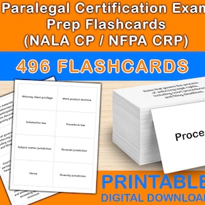 May include: A stack of white flashcards for paralegal exam prep, with the text "496 FLASHCARDS." The cards display legal terms like "Attorney client privilege" and "Procedural law." The image also includes the text "PRINTABLE DIGITAL DOWNLOAD."