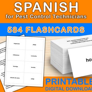 Op de afbeelding: Afbeelding van witte flashcards met Spaanse ongediertebestrijdingstermen, waaronder "hormiga". De afbeelding bevat de tekst "SPANISH for Pest Control Technicians" en "584 FLASHCARDS". De tekst "PRINTABLE DIGITAL DOWNLOAD" is ook zichtbaar.