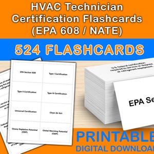 Puede incluir: Un conjunto de tarjetas blancas con el texto "EPA Section 608" y "524 FLASHCARDS". La imagen también incluye tarjetas con temas de certificación como "Type I Certification" y "Clean Air Act". Las palabras "PRINTABLE DIGITAL DOWNLOAD" están en la parte inferior.