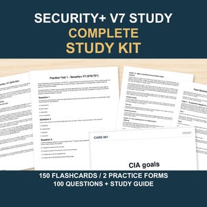 Op de afbeelding: Een complete Security+ V7 studiekits met een studiegids, oefentoets, casusoplossingen en flashcards. De kit bevat 150 flashcards, 2 oefenformulieren en 100 vragen. De tekst op de documenten bevat onder andere Security+ V7 Study.