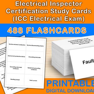 Könnte beinhalten: Bild von Karteikarten für die ICC-Elektrikerprüfung. Die Karten sind weiß mit schwarzem Text, einschließlich Begriffen wie "Fehlerstrom" und "Erdungselektrode". Das Bild zeigt auch den Text "488 FLASHCARDS" und "DRUCKBARER DIGITALER DOWNLOAD".