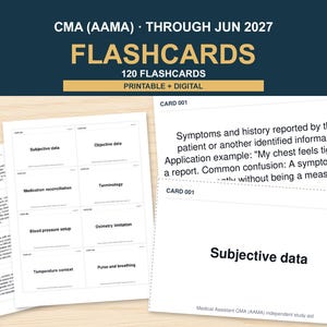 Peut inclure: Un ensemble de 120 cartes mémoire CMA (AAMA) pour l'étude, composé de cartes blanches avec du texte noir. Les cartes présentent une terminologie médicale et des concepts tels que Subjective data, Objective data et Medication reconciliation.