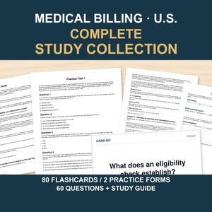 Pode incluir: Uma coleção de estudo de faturamento médico com guia, teste prático, rastreador e flashcards. O texto diz Medical Billing U.S. Complete Study Collection, 80 flashcards, 2 practice forms, 60 questions, and study guide.