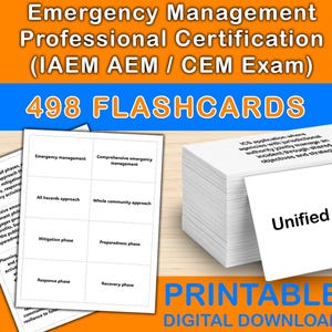 Può includere: Immagine di flashcard per la Certificazione Professionale in Gestione delle Emergenze (IAEM AEM / CEM Exam). L'immagine mostra una pila di flashcard bianche con il testo "Unified Command" e altre carte con termini come "Emergency Management" e "498 FLASHCARDS". Sono visibili anche le parole "PRINTABLE DIGITAL DOWNLOAD".