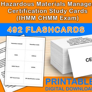 Puede incluir: Un conjunto de tarjetas blancas con la palabra «CERCLA» en la tarjeta superior. La imagen también muestra tarjetas con términos como «Hazardous material» y «RCRA». El texto «492 FLASHCARDS» se muestra en azul.
