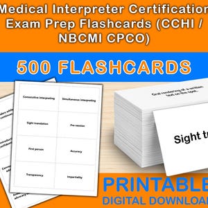 Può includere: Un mucchio di flashcard bianche per la preparazione all'esame di interprete medico. Le carte presentano termini come "Traduzione a vista" e "Interpretazione consecutiva". L'immagine include anche il testo "500 FLASHCARDS" e "DOWNLOAD DIGITALE STAMPABILE".