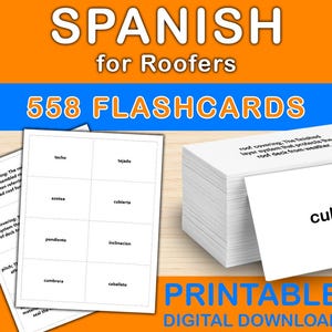 Può includere: Un mazzo di flashcard bianche, una delle quali mostra la parola "cubierta", per l'apprendimento dei termini spagnoli per coperture. L'immagine mostra il testo "SPANISH for Roofers", "558 FLASHCARDS" e "PRINTABLE DIGITAL DOWNLOAD".