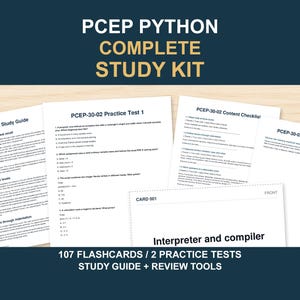 PCEP-30-02 Python Complete Study Kit | 107 Flashcards, 2 Practice Tests & Guides