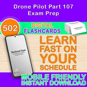 May include: A promotional image for a drone pilot exam prep course. The image features a smartphone displaying a "Sectional Chart," a stack of flashcards, and the text "Drone Pilot Part 107 Exam Prep." Additional text includes "Learn Fast On Your Schedule" and "Mobile Friendly Instant Download."