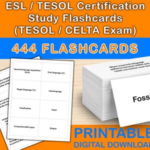 May include: A stack of white flashcards with the word "Fossilization" printed on one card. The image also shows flashcards with terms like "Second language acquisition" and "First language". The text "444 FLASHCARDS" is displayed in large orange letters.