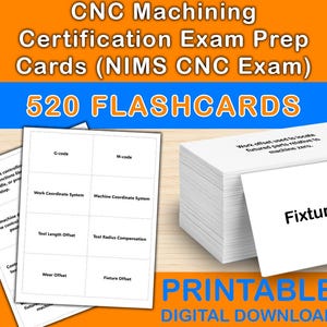 Może przedstawiać: Stos białych fiszek z tekstem, w tym "Fixture Offset" i "Work offset used to locate featured parts relative to machine zero." Obraz wyświetla również tekst "CNC Machining Certification Exam Prep Cards (NIMS CNC Exam) 520 FLASHCARDS PRINTABLE DIGITAL DOWNLOAD."