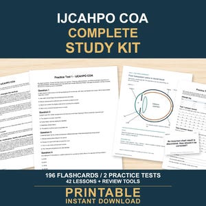 Op de afbeelding: De IJCAHPO COA Complete Study Kit bevat een studiegids, oefentoetsen, een diagram van de ooganatomie en een oefentracker. De set bevat 196 flashcards, 2 oefentoetsen, 42 lessen en revisietools beschikbaar als een printbare download.