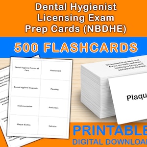 May include: A stack of white flashcards with the text "Plaque Biofilm" is displayed, alongside other cards with dental hygiene terms. The image also includes the text "Dental Hygienist Licensing Exam Prep Cards (NBDHE)" and "500 FLASHCARDS."