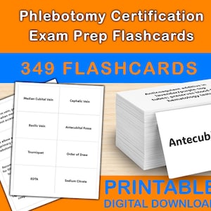 Puede incluir: Imagen de 349 tarjetas didácticas para la preparación del examen de certificación en flebotomía. Las tarjetas presentan términos médicos como "Median Cubital Vein" y "Antecubital Fossa". La imagen también incluye el texto "PRINTABLE DIGITAL DOWNLOAD."