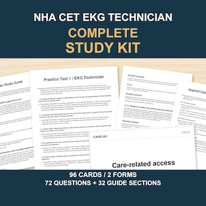 Op de afbeelding: NHA CET EKG Technician complete studiekit met meerdere geprinte pagina's aan studiegidsen, oefentoetsen en praktijkgevallen. Bevat 96 kaarten, 2 formulieren, 72 vragen en 32 gidssecties met tekst over de EKG-technicus certificering.