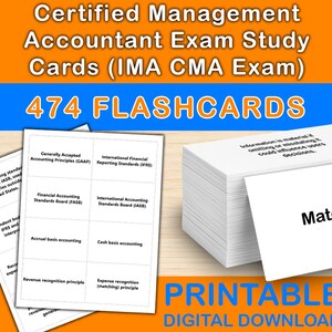 Könnte beinhalten: Ein Stapel weißer Karteikarten mit dem Wort „Materiality“ auf der Vorderseite. Das Bild zeigt auch andere Karteikarten mit Buchhaltungsbegriffen und den Text „474 FLASHCARDS“ und „PRINTABLE DIGITAL DOWNLOAD“. Die Karten sind für die Certified Management Accountant Exam.