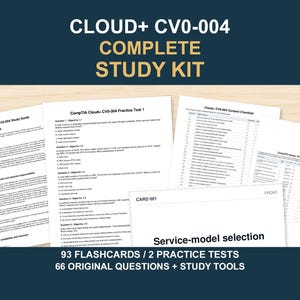 May include: A CompTIA Cloud+ CV0-004 complete study kit featuring a study guide, practice tests, a content checklist, a score tracker, and 93 flashcards. The kit includes 66 original questions and various study tools printed on white paper.