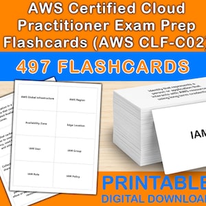 Op de afbeelding: Een stapel witte flashcards met de tekst "IAM User" en andere AWS-gerelateerde termen. De afbeelding toont ook individuele flashcards met termen als "AWS Global Infrastructure". De titel luidt "AWS Certified Cloud Practitioner Exam Prep Flashcards (AWS CLF-C02)" met "497 FLASHCARDS".