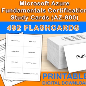 Può includere: Un mucchio di flashcard bianche con il testo "Public cloud" sul davanti. L'immagine mostra anche una serie di schede didattiche con termini come "Microsoft Azure" e "Hybrid cloud". Il titolo recita "Microsoft Azure Fundamentals Certification Study Cards (AZ-900)".