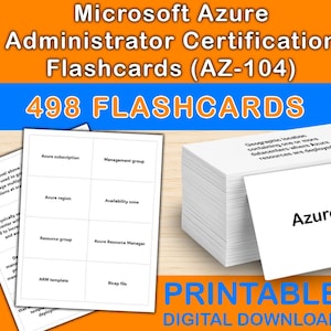 Può includere: Un mazzo di flashcard bianche per la certificazione Microsoft Azure Administrator (AZ-104). Le carte presentano termini come "Azure region" e "Resource group". L'immagine include anche il testo "498 FLASHCARDS" e "PRINTABLE DIGITAL DOWNLOAD".