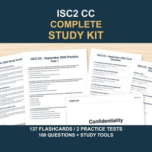 May include: The ISC2 CC Complete Study Kit includes printed study guides, practice tests, a content checklist, a score tracker, and flashcards. The materials feature text regarding September 2026, 137 flashcards, 2 practice tests, and 100 questions.