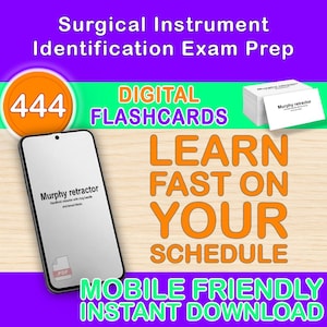 Op de afbeelding: Digitale flashcards voor de voorbereiding op het examen voor het identificeren van chirurgische instrumenten. De afbeelding toont een smartphone met "Murphy retractor" en een stapel flashcards. Tekst bevat "Leer snel op uw schema".