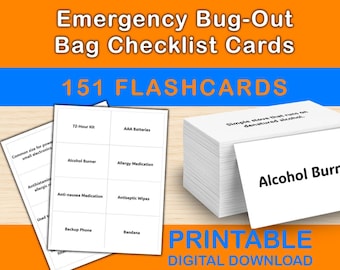 May include: Image of a stack of white flashcards with the text "Emergency Bug-Out Bag Checklist Cards" and "151 FLASHCARDS". The cards include items like "Alcohol Burner" and "Allergy Medication". The words "PRINTABLE DIGITAL DOWNLOAD" are also visible.