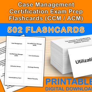 May include: A stack of white flashcards with the text "Utilization Review" is displayed. The image also shows a stack of flashcards with the text "502 FLASHCARDS" and "Case Management Certification Exam Prep Flashcards (CCM / ACM)". The words "PRINTABLE DIGITAL DOWNLOAD" are also visible.