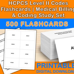 Op de afbeelding: Een stapel witte flashcards met de tekst "A0427" op de voorkant, en een set flashcards met de tekst "HCPCS Level II Codes Flashcards | Medical Billing & Coding Study Set" en "500 FLASHCARDS". De afbeelding bevat ook de tekst "PRINTABLE DIGITAL DOWNLOAD".