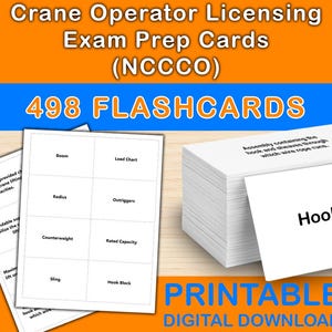 May include: Image of exam prep flashcards for Crane Operator Licensing. The cards are white with black text, including terms like "Boom," "Load Chart," and "Hook Block." The image also displays the text "498 FLASHCARDS" and "PRINTABLE DIGITAL DOWNLOAD."