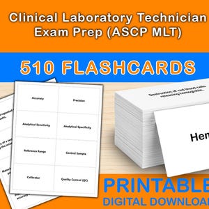 May include: Image of flashcards for Clinical Laboratory Technician Exam Prep (ASCP MLT). The image shows a stack of white flashcards with the word "Hemolysis" on one card. Other cards display terms like "Accuracy" and "Precision". The image also includes the text "510 FLASHCARDS".