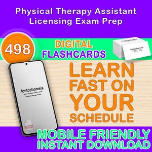 May include: Digital flashcards for Physical Therapy Assistant Licensing Exam Prep. The image shows a smartphone displaying the word "Iontophoresis", a stack of flashcards, and the text "Learn Fast on Your Schedule". The image also includes the text "Mobile Friendly Instant Download".