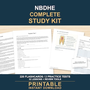 Puede incluir: Kit de estudio completo NBDHE con páginas impresas que incluyen una guía de estudio, prueba de práctica, diagrama de anatomía dental y rastreador de práctica. Incluye 220 tarjetas didácticas, 2 pruebas de práctica, 32 lecciones y herramientas.