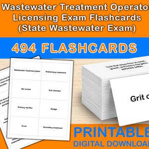 May include: A stack of white flashcards with the text "Grit chamber" on the front card. The image also shows other flashcards with terms like "Wastewater treatment plant" and "Preliminary treatment." The title reads "Wastewater Treatment Operator Licensing Exam Flashcards."