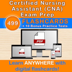 Può includere: Immagine che promuove la preparazione all'esame per assistente infermieristico certificato (CNA). Visualizza flashcard digitali su computer, laptop, tablet e smartphone. L'immagine include il testo "499 Flashcard + 10 test pratici bonus" e "Impara OVUNQUE con le flashcard digitali!"