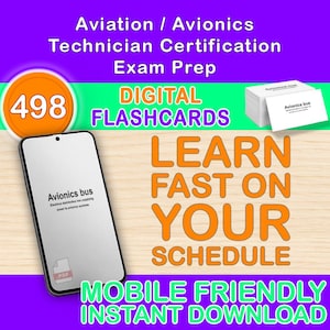 以下が含まれることがあります： 航空技術者試験対策の広告。画像には「Avionics bus」と表示されたスマートフォンとフラッシュカードの束が写っています。テキストには「デジタルフラッシュカード」、「スケジュールに合わせて素早く学習」と「モバイルフレンドリーなインスタントダウンロード」が含まれています。