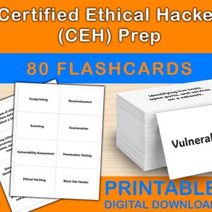 Zertifizierte ethische Hacker CEH Prep Karteikarten | 80 druckbare Lernkarten | Cybersicherheitsbegriffe & Definitionen | Sofort PDF Download