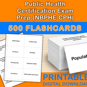 Op de afbeelding: Een stapel witte flashcards met de tekst "Public Health Certification Exam Prep (NBPHE CPH)" en "500 FLASHCARDS" in een blauw en oranje ontwerp. De flashcards bevatten termen als "Epidemiologie" en "Populatiegezondheid". De woorden "PRINTABLE DIGITAL DOWNLOAD" zijn ook zichtbaar.