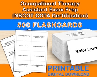 May include: Image of flashcards for Occupational Therapy Assistant Exam Prep, with key terms such as "Activities of Daily Living" and "Motor Learning." The image shows a stack of 500 flashcards, with the text "Printable Digital Download."