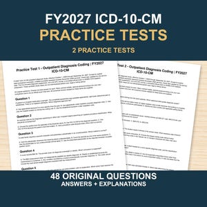 Könnte beinhalten: Zwei gedruckte Seiten mit ICD-10-CM FY2027-Übungstests für die ambulante Diagnosekodierung. Das Dokument enthält 48 Originalfragen mit Antworten und Erklärungen, die medizinische Kodierungsszenarien mit mehreren Auswahlmöglichkeiten darstellen.