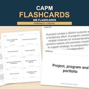 May include: CAPM flashcards set containing 206 printable and digital cards. The cards feature project management terminology such as project, program, and portfolio, predictive approach, and risk versus issue, presented in black text on white paper.