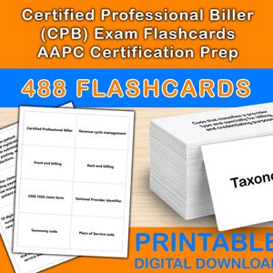 May include: A stack of white flashcards with the text "Taxonomy code" is featured, alongside other flashcards with medical billing terms. The image also includes the text "Certified Professional Biller (CPB) Exam Flashcards" and "488 FLASHCARDS".