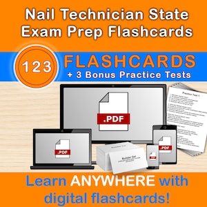 May include: An advertisement for Nail Technician State Exam Prep Flashcards. The image shows a variety of digital devices, including a laptop, desktop, tablet, and smartphone, each displaying a PDF document. The text reads "123 Flashcards + 3 Bonus Practice Tests."