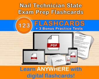 May include: An advertisement for Nail Technician State Exam Prep Flashcards. The image shows a variety of digital devices, including a laptop, desktop, tablet, and smartphone, each displaying a PDF document. The text reads "123 Flashcards + 3 Bonus Practice Tests."