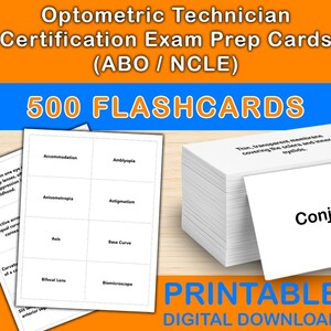 May include: A stack of white flashcards for optometric technician certification exam prep. The cards have terms like "Accommodation" and "Amblyopia" printed on them. The image also includes the text "500 FLASHCARDS" and "PRINTABLE DIGITAL DOWNLOAD".