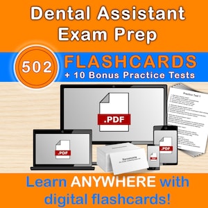 Puede incluir: Imagen promocionando la preparación para el examen de asistente dental. Muestra flashcards digitales en varios dispositivos: portátil, ordenador de sobremesa, tableta y smartphone, cada uno con un icono PDF. El texto dice "502 Flashcards + 10 Pruebas de práctica extra".