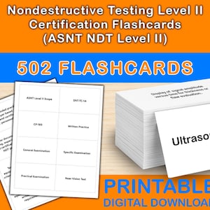 Puede incluir: Un montón de tarjetas blancas con el texto "Ultrasonic A S" y otro texto. La imagen también incluye el texto "Nondestructive Testing Level II Certification Flashcards (ASNT NDT Level II)" y "502 FLASHCARDS". También son visibles las palabras "PRINTABLE DIGITAL DOWNLOAD".
